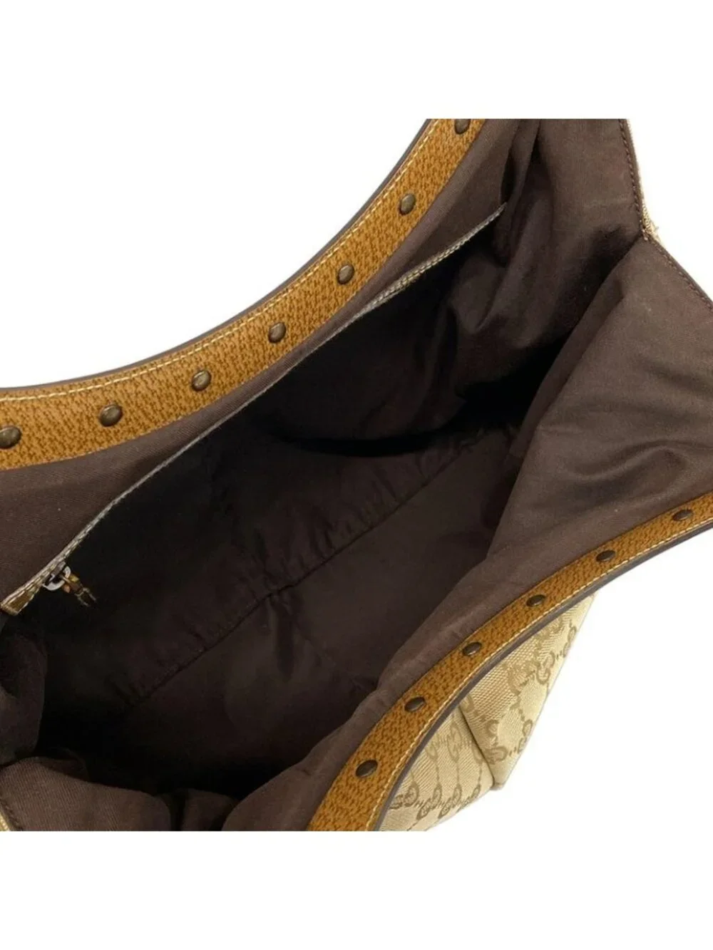 ★SOLD★ Gucci Shoulder Bag Bamboo GG Pattern Beige Brown Studs Leather - Picture 7 of 15